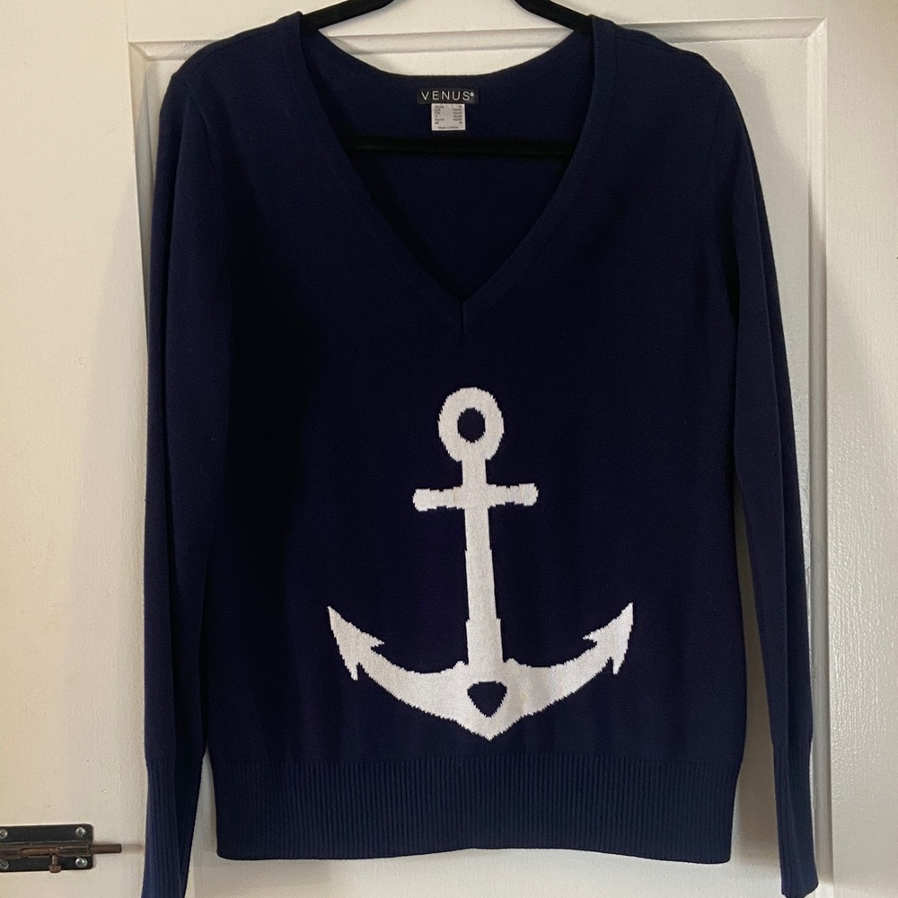 VENUS Dark Blue V-Neck Anchor Sweater